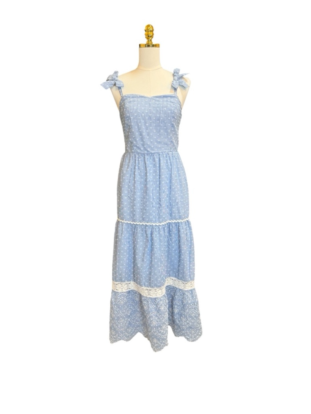 Shabby Chic Blue Swiss Dot Eyelet Lace Midi Dress Size 2 Tie Strap